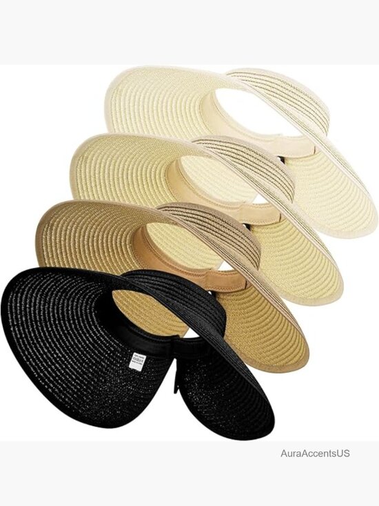 4 Pack Straw Sun Visor Hats Wide Brim Packable Beach Hats Ponytail Friendly main image 7